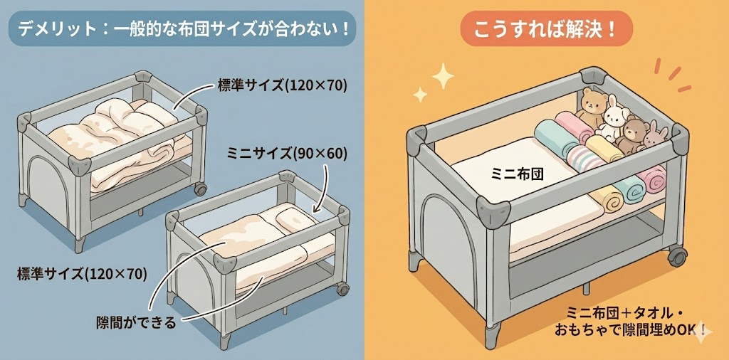 【悪い口コミ③】一般的な布団のサイズが合わず、工夫が必要になる